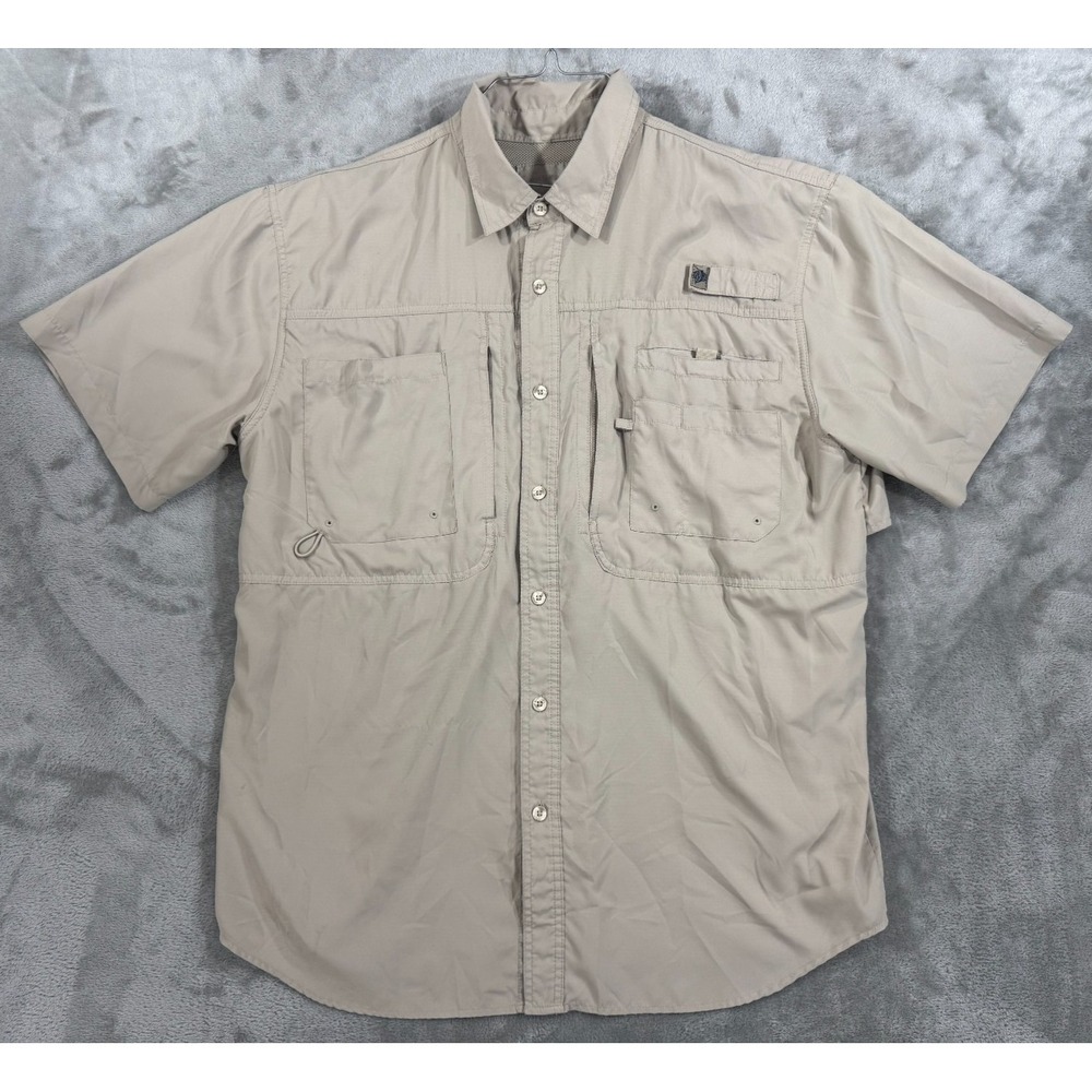 Reel Legends Fishing Shirt Mens L Beige Vented Mesh Lined Lightweight Gorpcore
